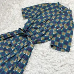 ワンピース レトロ ロング丈 ウエストリボン2way 幾何学模様 金ボタン