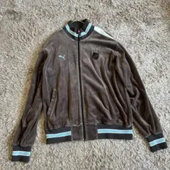 プーマ ベロア トラックジャケット O ブラウン ロゴ刺繍 ライン