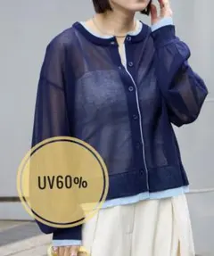 シアー素材 長袖カーディガン ネイビーサマーニットUV60%カット/接触冷感のサムネイル