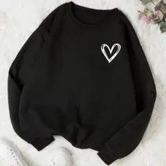 ハート柄 スウェット 裏起毛 ブラック 長袖 L ゆったり 韓国風