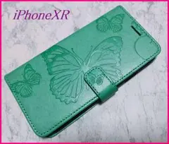 手帳型 iPhoneXR 用 ケース 蝶柄 バタフライ グリーン 緑色