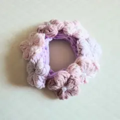 ヘアゴム シュシュ かぎ針編み ぷっくりお花 くすみピンク 紫陽花