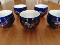 青色花柄湯飲み5個セット