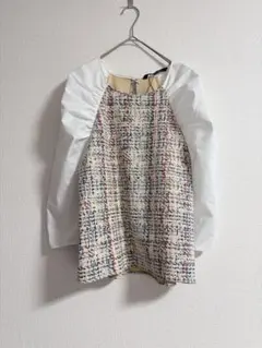 【極美品】ZARA カットソーチェック　ボリュームスリーブ　ギャザーブラウス　S