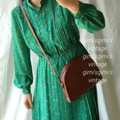 70s 昭和レトロ グリーンのロングワンピース 小花柄 長袖 プリーツ ぽわん袖