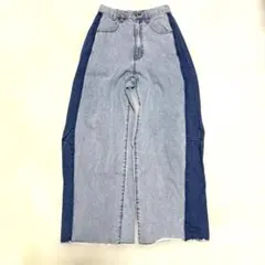 【w closet】2トーン バイカラー ワイドデニムパンツ 切り替え裾フリンジ