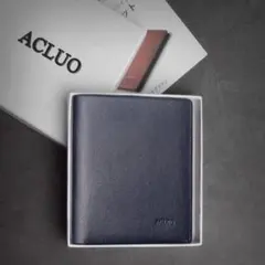 【ACLUO】二つ折り財布 薄型 メンズ 本革 薄い コンパクト ネイビー
