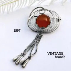 1597 ヴィンテージ ブローチ 琥珀 オレンジ シルバー 星 タッセル