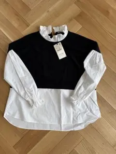 ZARA フリルネック 長袖ブラウス ブラック×ホワイト L 新品未使用のサムネイル
