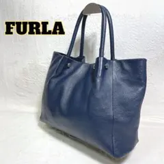 【美品】FURLA レザートートバッグ シボ革 ネイビー A4収納可能 大容量