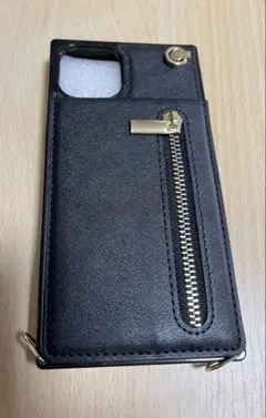 iPhone13.14用　ファスナー上下ショルダーストラップケース　ブラック