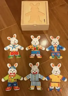 APL うさぎ 着せ替え木製パズル 6体セット 木箱入り 知育玩具 美品のサムネイル