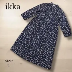 ikka 花柄 長袖 ロングワンピース L ネイビー