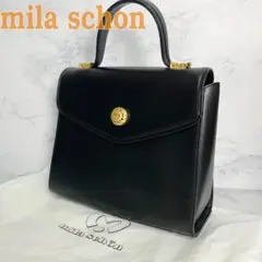 B714【美品】ミラショーン★ブラックハンドバッグ ゴールド留め具付き