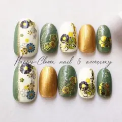 ☆B-30☆和柄ネイルチップ 深緑×ゴールドのお着物ネイル　成人式前撮り振袖