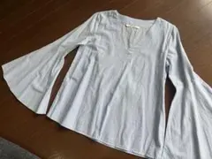 ZARA WOMANフレアスリーブ Vネックシャツ ブラウン ストライプシャツ