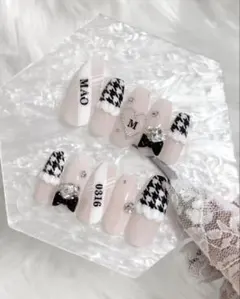 ネイルチップ スナ系 オタクネイル 推しネイル 千鳥柄 フリル リボン ハート