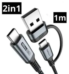2in1 USB C ケーブル 1M PD対応 100W急速充電