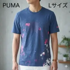 PUMA プーマ 半袖Tシャツ L ブルー ペイント スプラッシュ柄 ロゴ刺繍