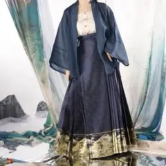 千里江山圖 江山翠 紺金色ロングスカート　馬面裙 明制漢服　織錦　西陣織　漢服のサムネイル