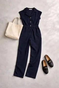 【LUSH】麻混ブラックオールインワン M 半袖 きれいめ