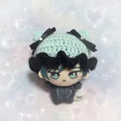 ちびぐるみ ぬい服 編み物 猫耳ニット 帽子 ミント×ブラック