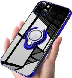 iPhone 13 リング付きケース (青色) 高品質TPU クリア