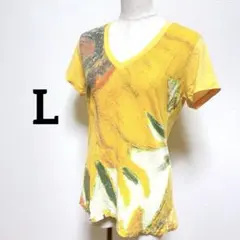 6-56 DOe手描き風イエローTシャツ Lサイズ 可愛い 美品 おしゃれ