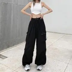 カーゴパンツ 黒 L カーゴパンツ ブラック ストリート ゴム紐 ダンス