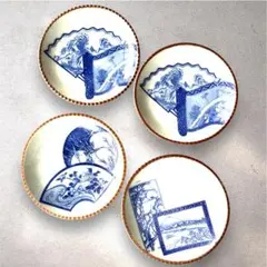 古道具 染付 印判皿 4客セット 縁起物 富士・鶴亀・扇 和骨董 21.5cm
