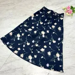 マジェスティックレゴン花柄スカートイレヘム フレア紺Sふんわり春夏軽やか揺れ感