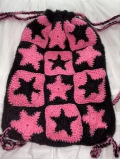 星柄かぎ針編みナップザック ハンドメイド ピンク×黒