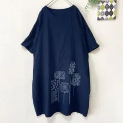 【Trend】 薄手ワンピ 半袖 ポケットあり ゆったり ネイビー 韓国製
