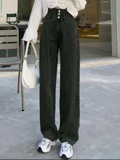ブラックデニムハイウエストワイドレッグパンツ