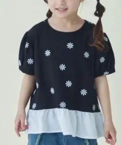 花柄プリント フリルドッキング パフ袖 ワッフルブラウス　100