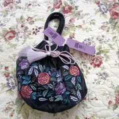 （新品未使用)Francfrancブラック 花柄刺繍 ハンドバッグ