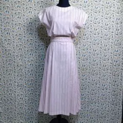 ロングワンピース☆フレア　日本製　フレンチスリーブ　リボンベルト　ストライプ　9