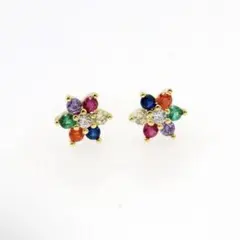 アミュレット 7色 マルチカラー フラワー 花 CZダイヤ ピアス＊ゴールド＊