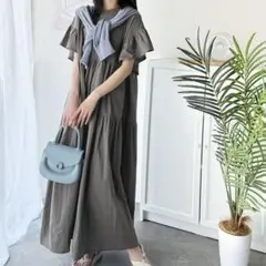 クラシカルエルフ　ティアードワンピース 半袖 ロング丈 グレー　接触冷感