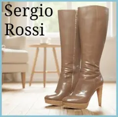 美品 セルジオロッシ ロングブーツ 本革 プラットブラウン 21.5cm