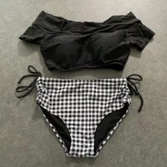 水着　ハイウェスト　オフショルダー　チェック　体型カバー