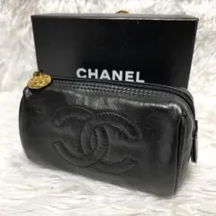 【美品】シャネル ポーチ 小物入れ レザー ココマーク ゴールド金具 黒
