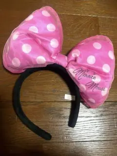 ディズニーカチューシャ　ミニーちゃん旧型水玉カチューシャ　デカリボンピンク