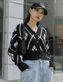 SHEIN DAZY アーガイル柄ドロップショルダー カーディガン