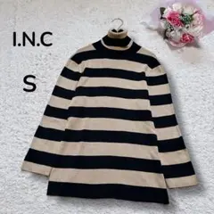 【I.N.C】シルク混　ベージュ×黒ボーダー　薄手タートルネックセーター　美品S