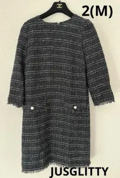 JUSGLITTY ブラックラメツイード　ワンピース　七分袖