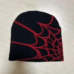 スパイダーウェブ柄 ニット帽 ビーニー ブラック レッド