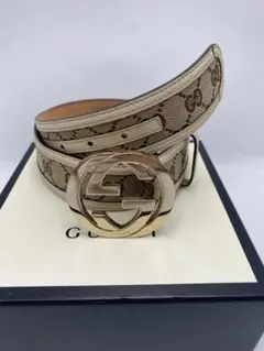 美品　GUCCI グッチ　ベルト インターロッキング G ブラウン ゴールド