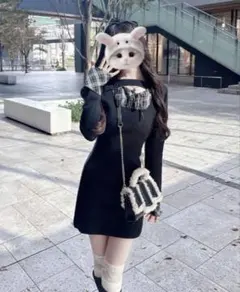 チェック柄フロントオープンリボンミニワンピース