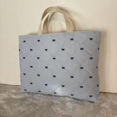 ブルー　リボン刺繍　レッスンバック　ハンドメイド